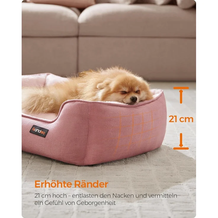 Feandrea Hundebett, in Leinenoptik, erhöhte Ränder, rutschfeste Unterseite, Bezug abnehmbar waschbar, M, für kleine Hunde, pastellrosa, 70 x 55 x 21 cm – Bild 4
