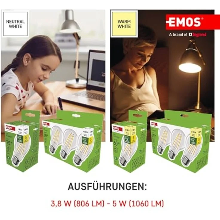 EMOS - LED-Lampe Filament A60 - A Klasse Vintage-Glühbirne - E27 Sockel - warmweiß - 806 lm - extra-sparsam, 3,8W (statt 60W Glühbirne) - 50 000 Stunden - Winkel 300 ° - CRI min. 80 – Bild 5