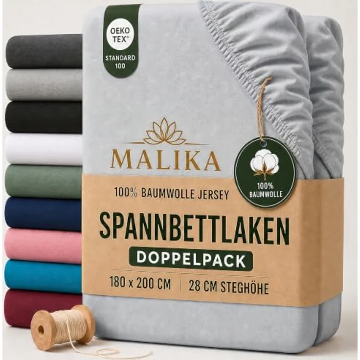 MALIKA® Spannbettlaken Doppelpack 90x200cm - 100x200cm, Baumwolle Jersey, passend für Matratzenhöhe bis 28 cm, Oeko-Tex zertifiziert – Bild 1