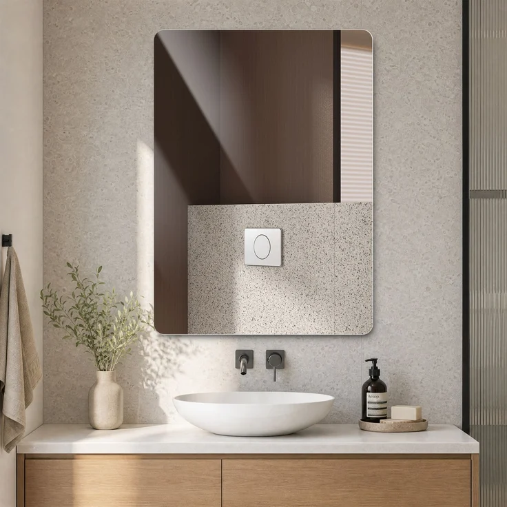 Abrihome Badezimmerspiegel Rechteckiger Wandspiegel mit rahmenlosem Design, Silber, 90x70 cm – Bild 1