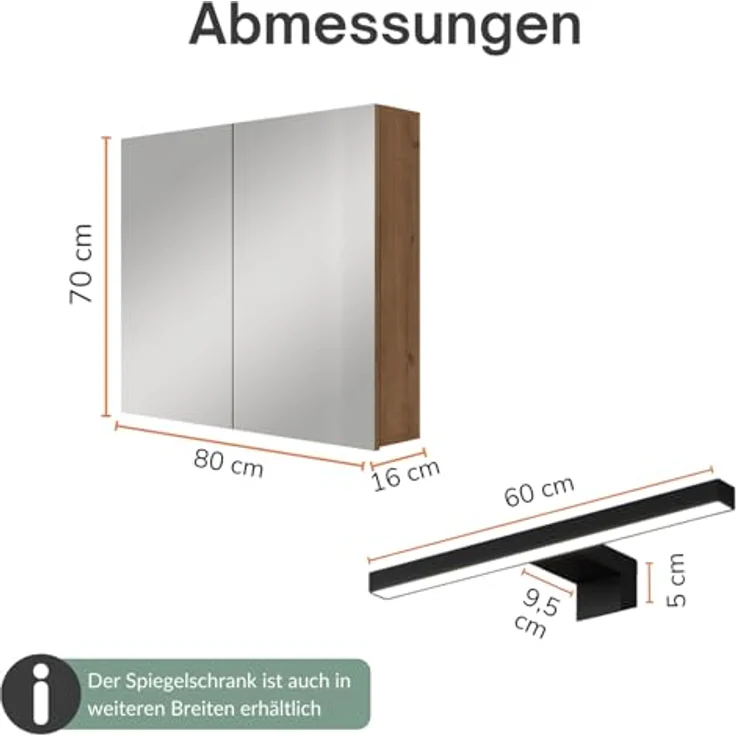 Planetmöbel ARIA Spiegelschrank Bad mit Beleuchtung 80 cm breit | Badschrank hängend mit Spiegel | Gold Eiche, mit Leuchte und Steckdose, Spiegelschrank Gäste WC 80 x 70 x 16 cm – Bild 4