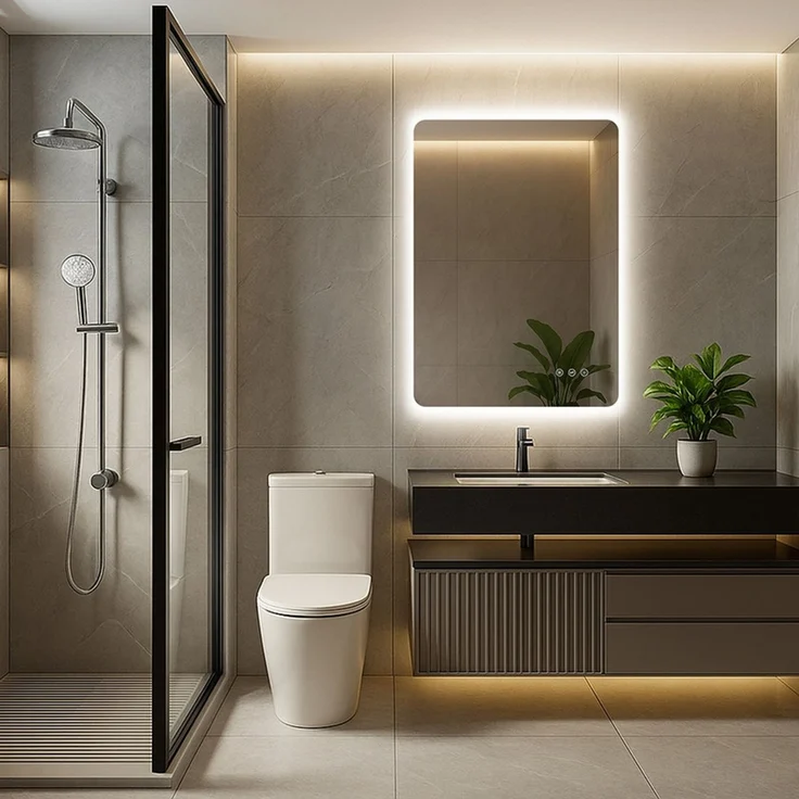 PESENXAN LED Badezimmerspiegel 100x60 cm, rechteckiger Wandspiegel mit Beleuchtung, 3 Lichtfarben, dimmbar, Anti-Beschlag, Memory-Funktion, Touch-Schalter, IP44, Schwarz – Bild 3