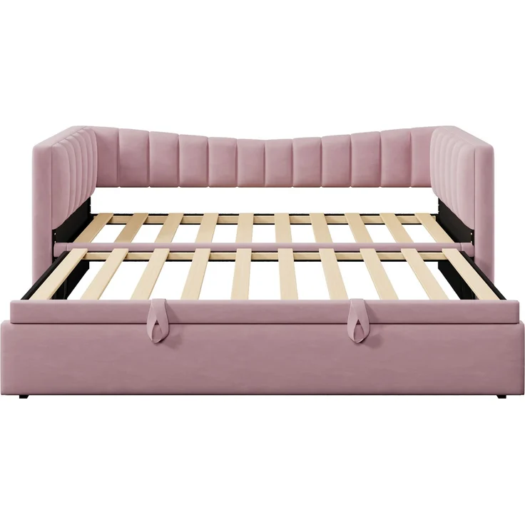 Polsterbett 90x200cm ausziehbar 180x200 cm,Samt Daybett mit ausziehbarem Rollbett, multifunktionales Gästebett in Rosa – Bild 10