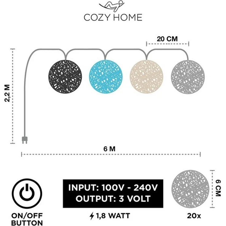 COZY HOME LED-Lichterkette Cotton Balls - Strombetrieben, 20 LED I 6m I Warmweiße LED-Cotton Ball I Hausbett Bunt Deko – Bild 4