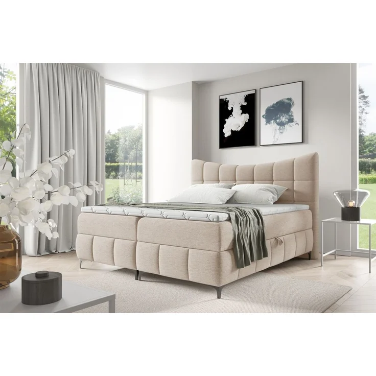Boxspringbett Schlafzimmerbett CHARLES PREMIUM 180x200cm Stoff Aragon Creme – Bild 1