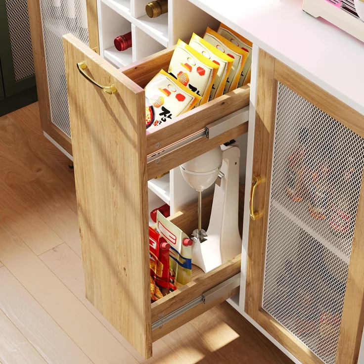EINHOM Seitenboard / Aufbewahrungsschrank / Multifunktions-Küchenschrank / Buffetschrank, 120 x 40 x 180 cm, mit LED-Beleuchtung, Weinregal & Snackregal, 5 Türen, Integrierte Steckdose, Weiß mit Holzoptik – Bild 6