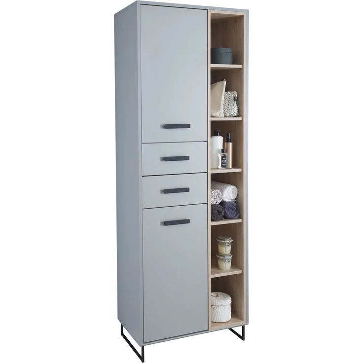 Hochschrank >Tunis< 2 Türen, 2 Schübe, grau matt / sonoma eiche - 65x185x38cm (BxHxT) – Bild 1