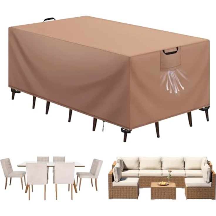 Aujink Abdeckung Gartenmöbel Winterfest, Wasserdichte Schutzhülle Gartenmöbel 420D Oxford Anti-UV Abdeckplane für Gartentische Terrassenmöbel Regenschutz und Staubfest Abdeckhaube Khaki 150 x 90 x 75 cm – Bild 2