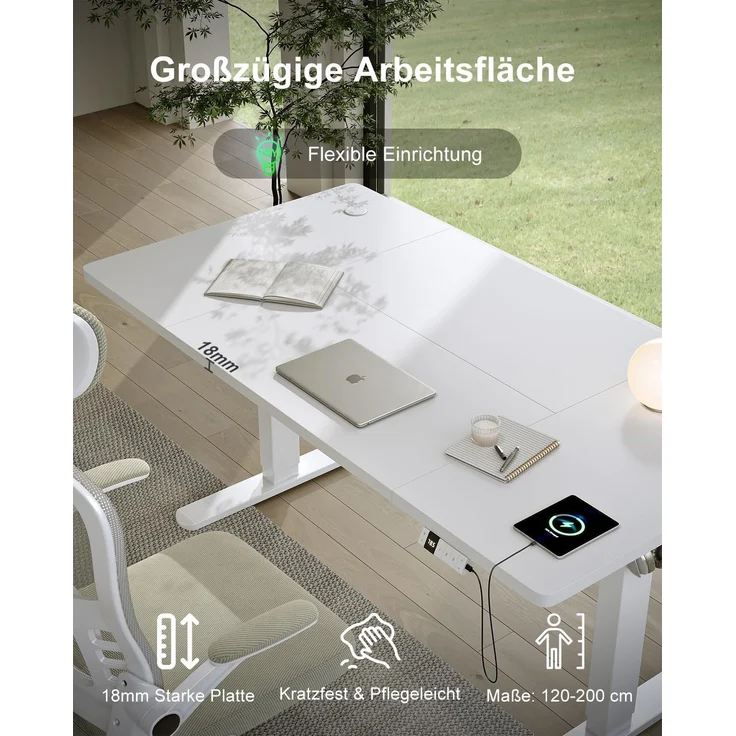 Devoko Elektrisch Höhenverstellbarer Schreibtisch Holzwerkstoff und Metall Weiß 120 x 80 x 72-118 cm – Bild 5