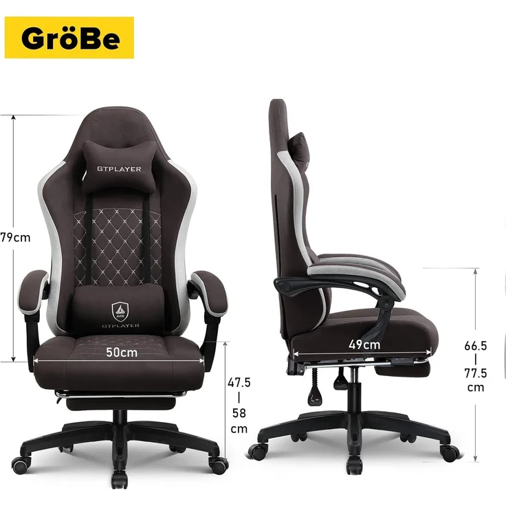 GTPLAYER Gaming Stuhl Ergonomischer Gaming Sessel Schreibtischstuhl mit Stoffoberfläche, Federsitzkissen, Verbindungsarmlehnen und Fußstütze braun – Bild 7