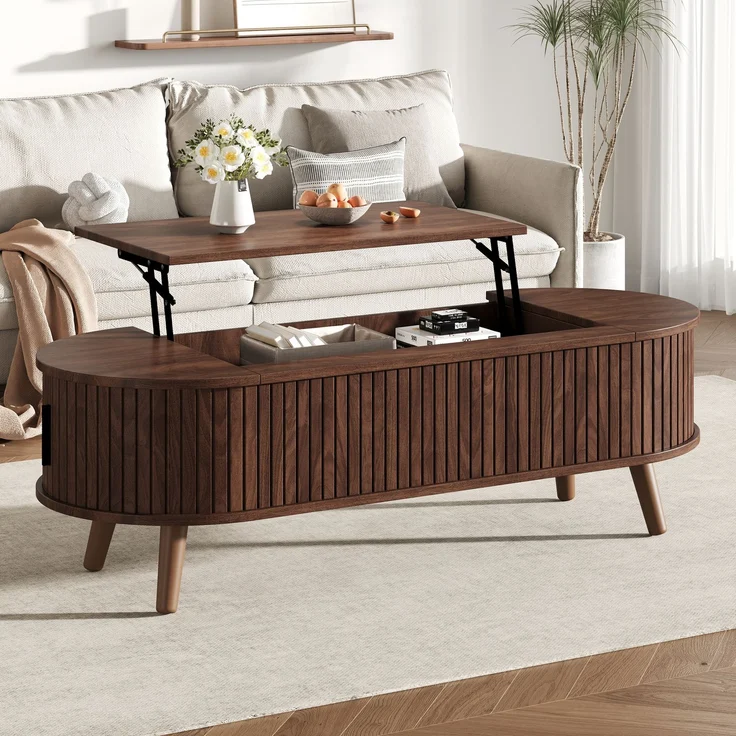 Abrihome Anhebbarer Couchtisch mit Stauraum und 5 Ablageflächen, Braun, 39x50x120 cm – Bild 4