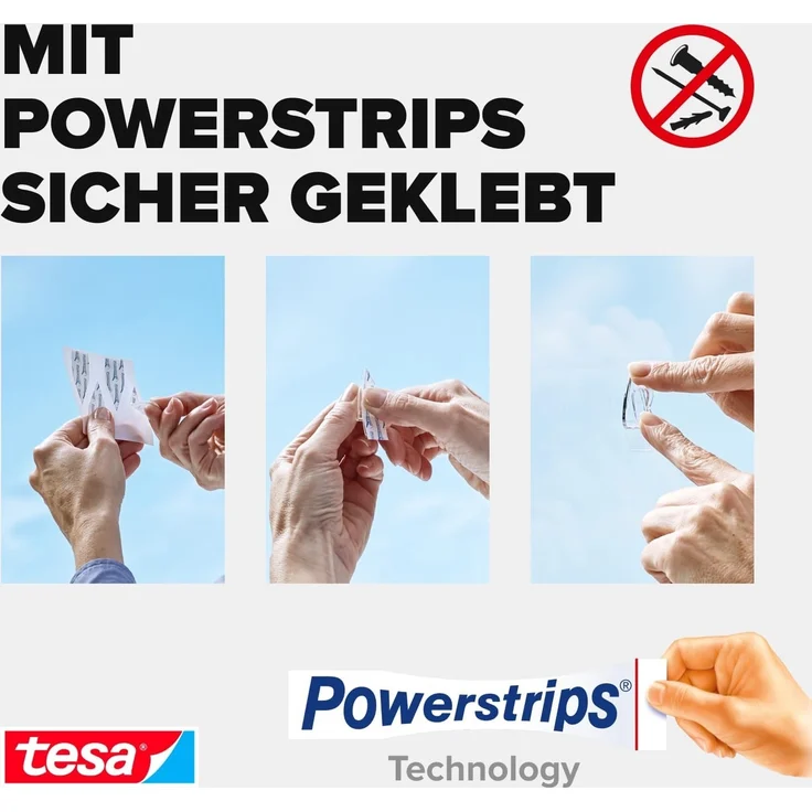tesa Klebehaken POWERSTRIPS Doppelseitige Klebestreifen mit Bilderhaken, für Deko an Glas und Spiegel, (Spar-Set, 15-St, 3 x 5 tesa Powerstrips® Deko Haken), Transparente Klebepads - 3er Pack á 5 Dekohaken - je max. 200 g – Bild 4
