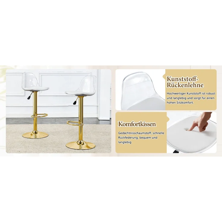 2er-Set höhenverstellbarer Barhocker: Transparente Rückenlehne + goldfarbene Metallbeine, Höhe verstellbar von 82-104 cm, Sitzfläche 360° drehbar.--Gold, Transparent--50.5x40.5x40.5cm--YOUDENOVA – Bild 3