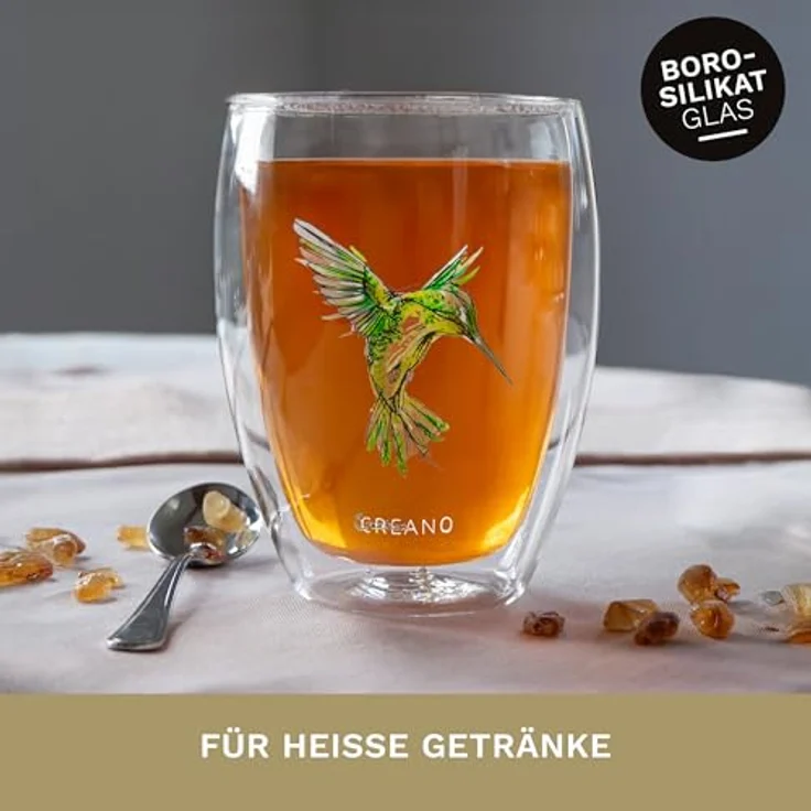Creano Teeglas Tee-Glas, Latte Machiato, Thermobecher Kolibri Grün, 250ml, Borosilikatglas, 1x bedrucktes Glas – Bild 5
