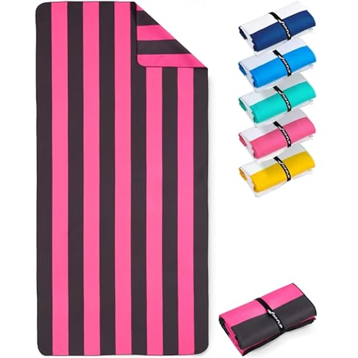 Fit-Flip Strandtuch XXL Mikrofaser, leicht und schnelltrocknend, 100% recyceltes Strandhandtuch, Pink-Dunkelgrau gestreift, 200x90cm – Bild 1