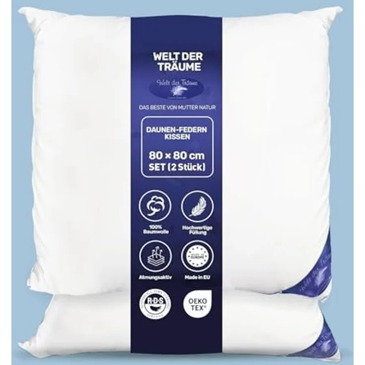 Welt der Träume 3-Kammer-Kopfkissen 2 Stück 80 x 80 cm Daunenkissen Füllung 1600 Gr. oder 1400, Füllung: Federn und Daunen, Bezug: 100% Baumwolle, Rückenschläfer, Bauchschläfer, Seitenschläfer, Set, 2 Stück, 100% Naturprodukt, Allergiker geeignet, Herg... – Bild 1