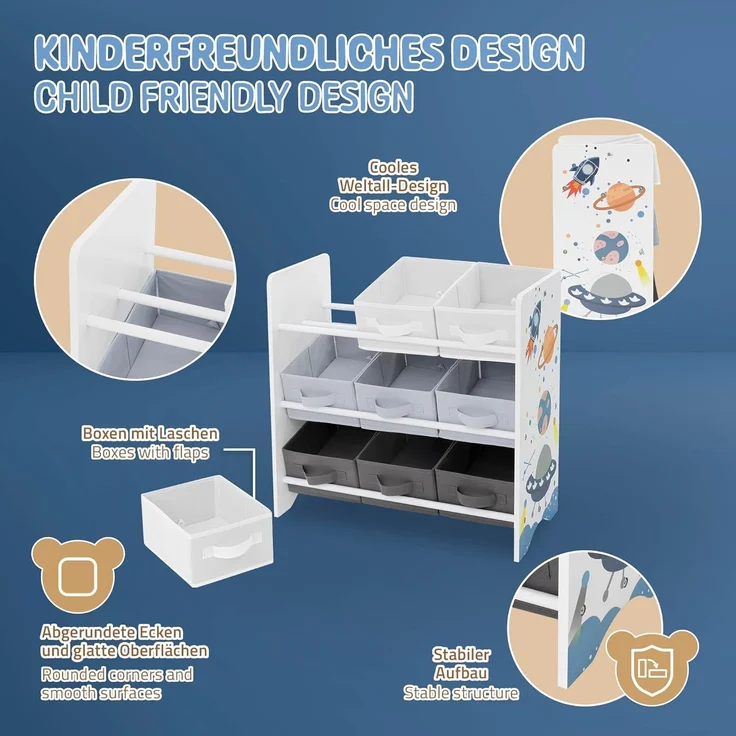 Joyz Spielzeugtruhe Kinderregal Kindermöbel Kinderzimmerregal Spielzeug Spielzimmer Möbel, Weltraum Bücherregal mit 9 Boxen & 3 Etagen Pressspan / Vlies – Bild 5