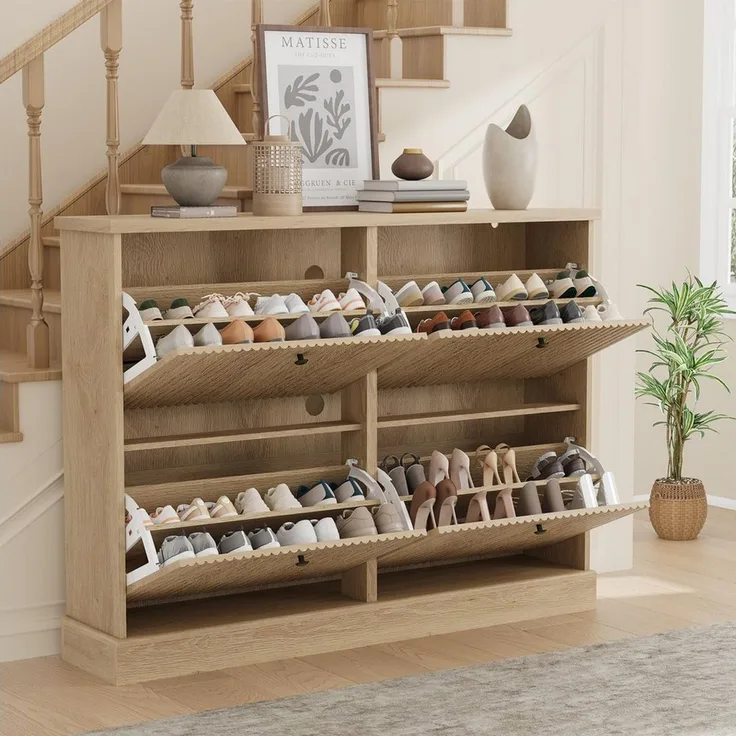 GarveeMore Schuhschrank Moderner Rillenprofil mit 4 Klappschubladen verstellbare Einlegeböden (1-St) 120x25x90cm Versteckter Schuhstauraum Schuhregal für 18–24 Paar Schuhe