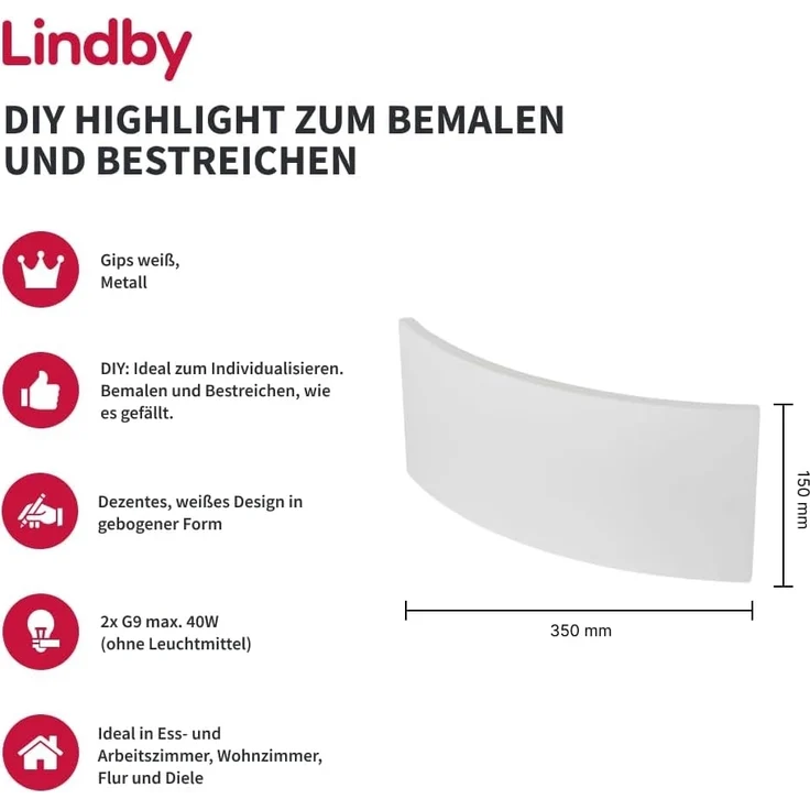 Lindby Wandleuchte Naike, Gips Weiß IP20, 2 x 20 W – Bild 2