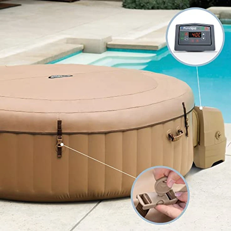 Intex PureSpa Bubble Massage, Aufblasbares Spa Ø196 x 71 cm, rund, braun, für 4 Personen, 795 l, 120 Luftdüsen, 2.200 W Heizung – Bild 3