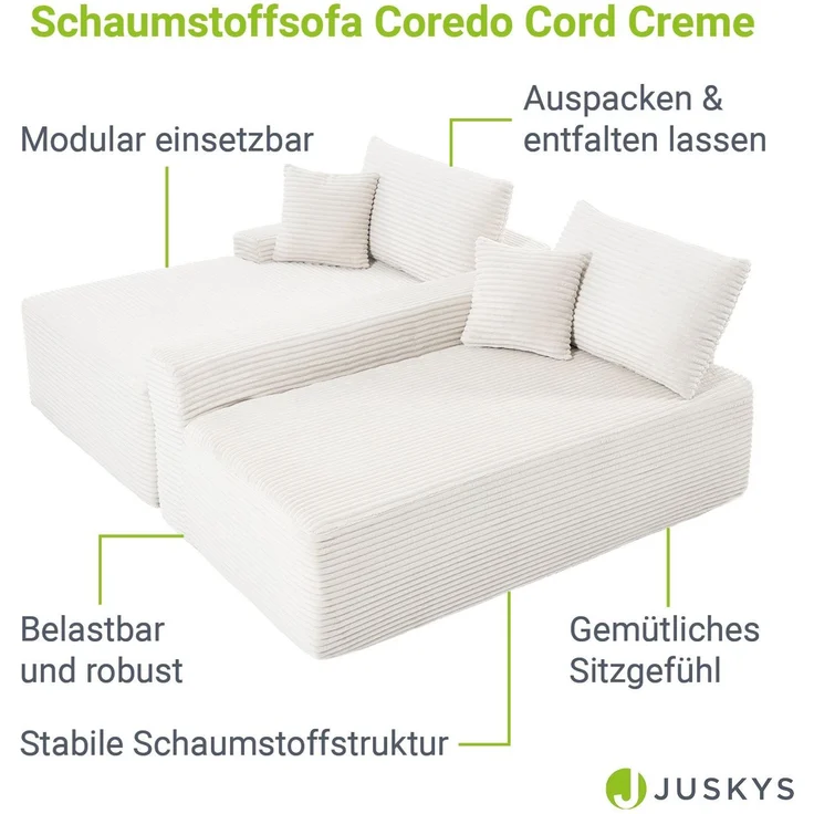 Juskys Sofa Coredo - modernes Cord Sofa mit Ottomane links, gemütliche Couch mit Schaumstoffpolsterung, Cordbezug & Kissen, modular - Creme – Bild 3