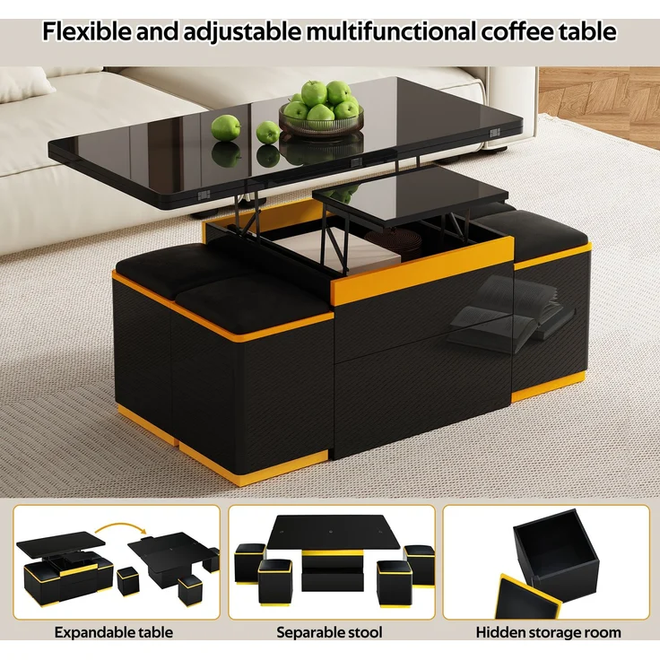 EINHOM Moderner Schwarzer Hochglanz-Couchtisch, Stilvoller Beistelltisch, Multifunktionaler, Höhenverstellbarer Couchtisch, Klappbarer Esstisch/Wohnzimmermöbel, 100 x 50 x 43 cm (L x B x H) – Bild 5