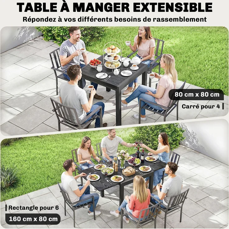 Ausziehbarer Gartentisch für 4–6 Personen mit integrierter Verlängerungsplatte aus Aluminium in Holzoptik, 80–160 x 80 cm, schwarz – Bild 6