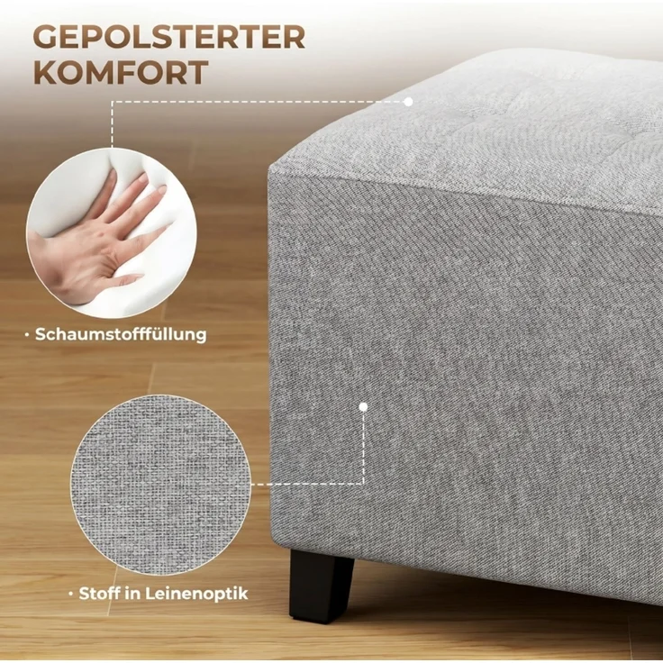 Quadratischer Hocker, kleiner Ottoman mit Seitentasche, Fußstütze aus Stoff in Leinenoptik mit Gummibaumholzbeinen, Hellgrau--Hellgrau--35x35x35cm--YOUDENOVA – Bild 6