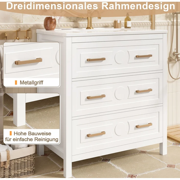 Waschtisch 76,5x47x82 cm mit Keramikbecken und 3 Schubladen – Weiß – Bild 6