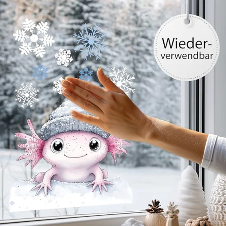Sunnywall Fensterdekoration Kinderzimmer Fensterbild Winter Axolotl mit Mütze, wiederverwendbar, statisch haftend, beidseitiger Druck – Bild 4