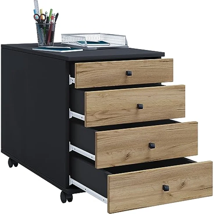 MID.YOU Rollcontainer Anthrazit, Honigeiche, 4 Schubladen, 42x57x50 cm aus Kunststoff für das Arbeitszimmer – Bild 3