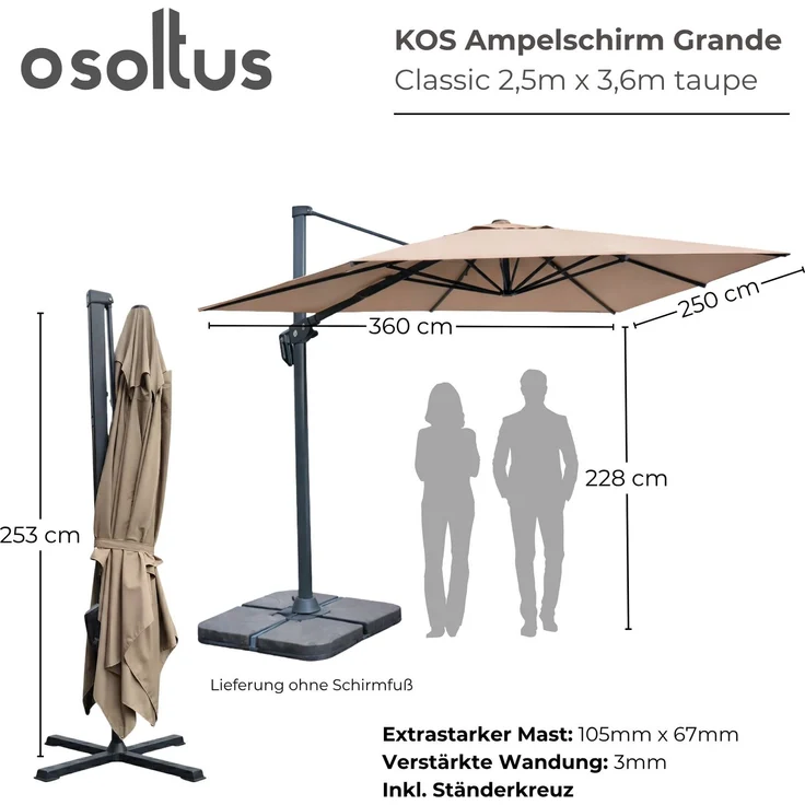 osoltus KOS Ampelschirm Alu Taupe 350x260cm axial schwenkbar – Bild 3