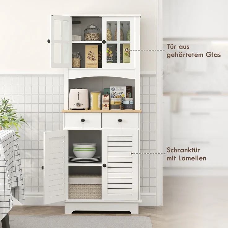 ZUBALIYA Küchenschrank (68 x 39,5 x 170 cm), 2 Schubladen, Lamellengestaltung, Verstellbare Einlegeböden, Weiß – Bild 6