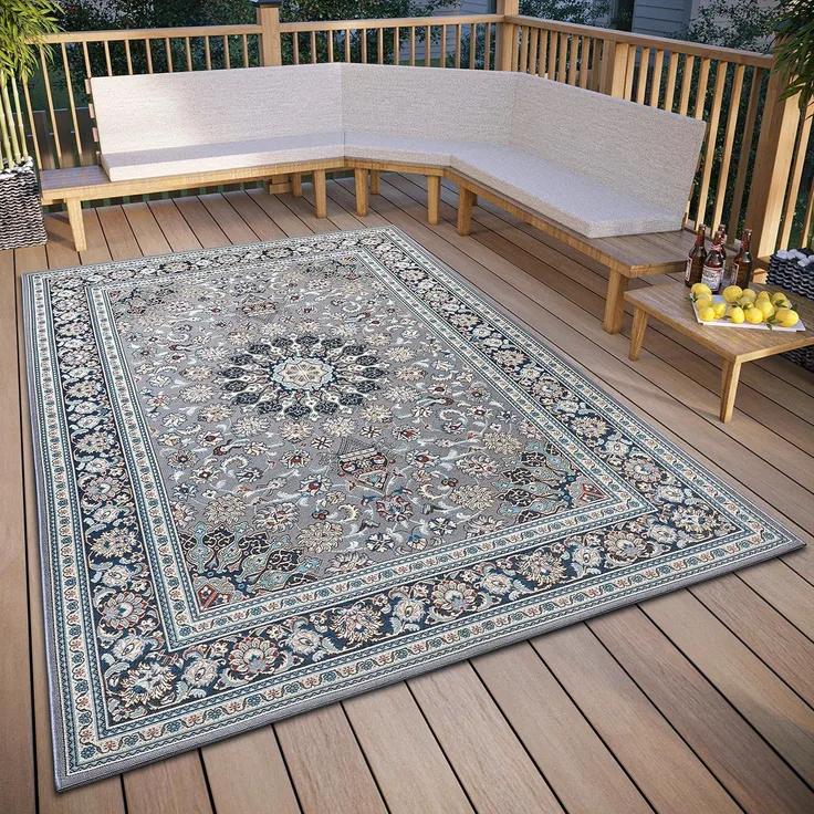 Hanse Home Kadi In- & Outdoor Teppich Orientalisch – Orient Flachgewebe, Orientalisches Design Klassisch, ÖKO-TEX Wetterfest & UV-beständig für Balkon, Terrasse, Garten – Grau Blau, 160x235 cm