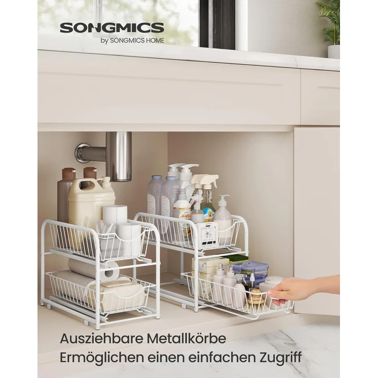 Küchen-Organizer, Küchenregal, Ordnungssystem, 2 Ebenen, stapelbar, erweiterbar, mit Metallkörben, für Küche, Badezimmer, weiß – Bild 4