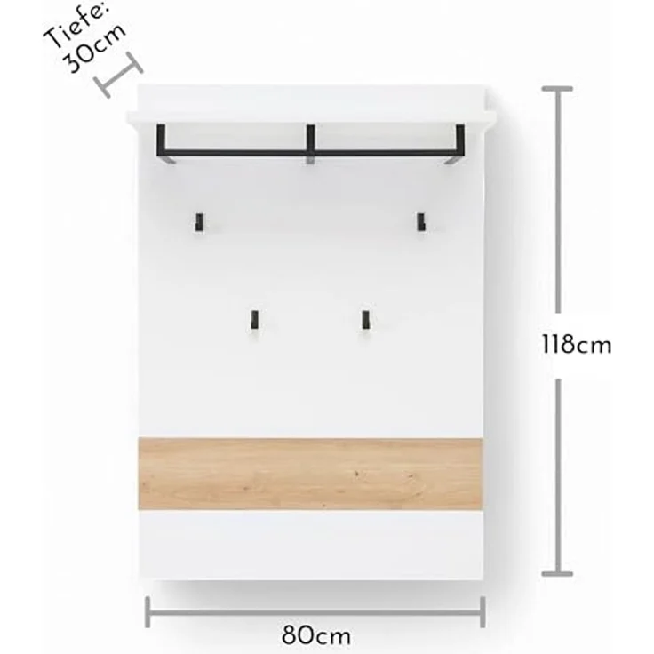 Stella Trading Memphis Garderobenpaneel in Weiß, Artisan Eiche Optik - Hutablage mit zuverlässigen Wandhaken für Jacken & Taschen - 80 x 118 x 30 cm (B/H/T) – Bild 6