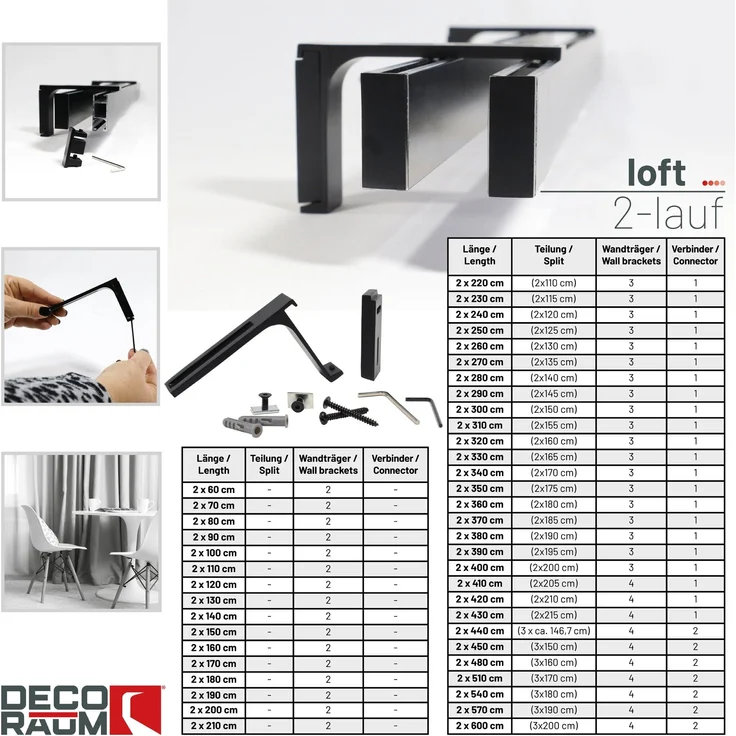 Deco-Raum® 2-lauf Gardinenschiene Innenlauf Loft | Größe: 100cm | Material: Aluminium | Farbe: Schwarz – Bild 4