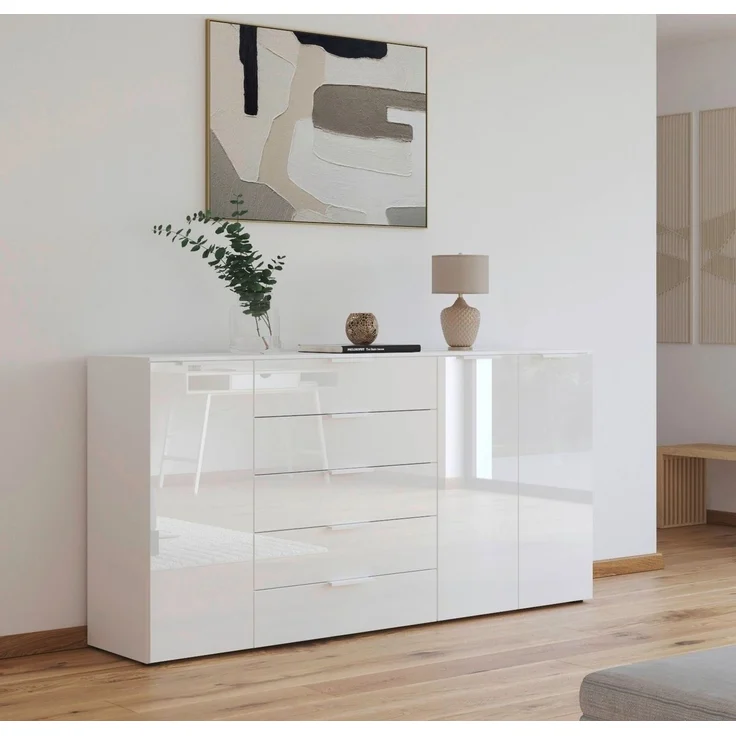 Rauch Möbel Flipp, Kombikommode, Kommode mit Stauraum für Wohnzimmer, Schlafzimmer, Flur, 4 Fachböden, Alpinweiß/Glasfront Weiß, 3-türig, Glastüren, 5 Schubkästen, Griffe weiß, 199 x 100 x 42 cm – Bild 5