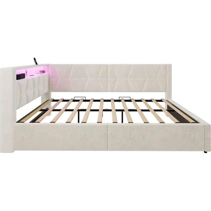 LVHOM Einzelbett 140x200 cm mit Stauraum, Polsterbett mit LED, USB und Type-C, Jugendbett, Hydraulischem Bettgestell, Samt, Beige – Bild 10