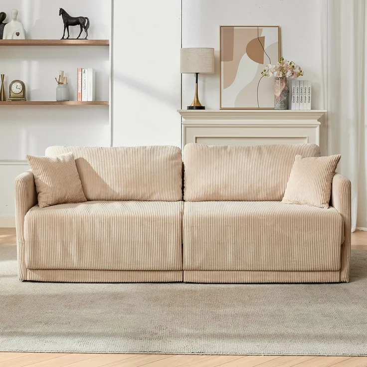 Wohnora-Moderne minimalistische Stoffsofa mit multifunktionaler Umwandlung – Komfortables Schlafsofa für Wohnzimmer, Büros und Studios, klappbares Doppelschlafsofa für kleine Wohnungen,H 84cm x T 182cm x B 88cm,Beige – Bild 2
