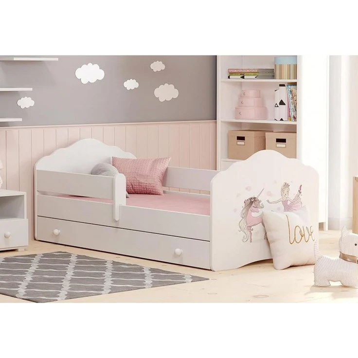 Kids Collective Kinderbett für Mädchen mit Matratze und Schublade & Lattenrost (70x140, 80x160 cm Jugendbett Einzelbett Komplettbett in weiß mit Pferd Motiv), Bett für Kinder Bett komplett Set Rausfallschutz Kinderbett 70x140 cm – Bild 2