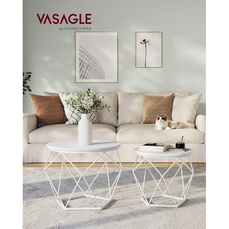 Vasagle Couchtisch rund 2er Set, abnehmbare Tischplatte, Holzspanplatte / Stahl schneeweiß-wolkenweiß – Bild 2
