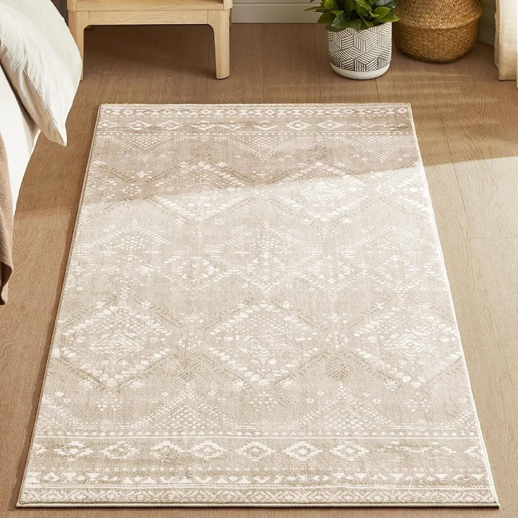 Songmics HOME Teppich, 80x150 cm, Wohnzimmerteppich, Rutschfester Teppich, Kurzflor, flauschig, Dekoration, für Wohnzimmer, Schlafzimmer, maschinenwaschbar, Boho-Stil, cappuccinobeige – Bild 1