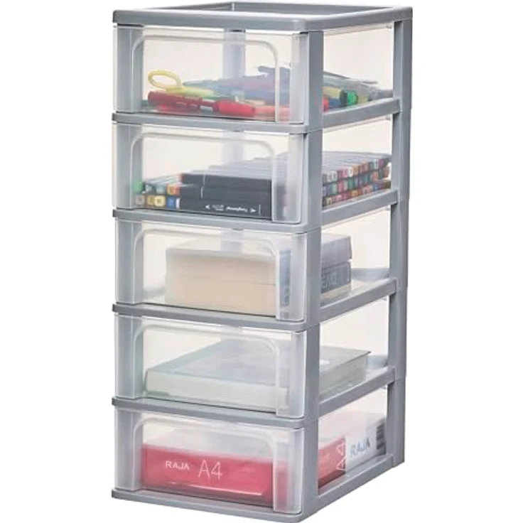 Iris Ohyama, Kunststoff Schubladenbox mit 5 flachen Schubladen, Grau, Easy-Pull-System, A4, A5 & A6 Format, Schreibtisch Organizer für Büro, Schule, Schreibwaren, BPA-frei, Schubladenschrank, OCH-2005 – Bild 5