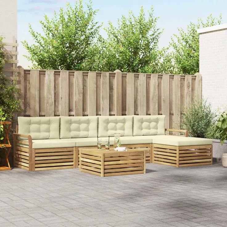 vidaXL Outdoor-Sofagarnitur 6 stk. 5-Sitzer Weiß und Creme Polyester 3390365