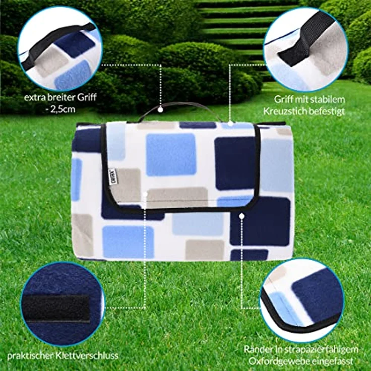 DETEX® Picknickdecke, 200x200 cm, Quadrate/Blau, wasserdicht, isoliert, faltbar – Bild 6