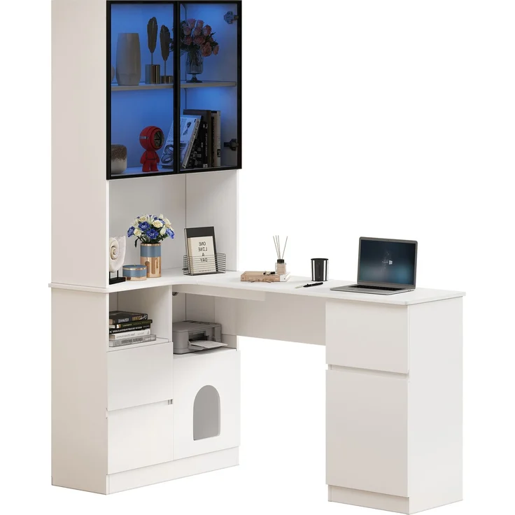 Eckschreibtisch mit Regal und LED-Vitrinenschrank 120×80×180 cm – Schreibtisch mit Kabeldurchlass, 3 Schubladen, 2 Türen, offenen Fächern & Haustierfach,Ein Eckschreibtisch mit eingebautem Bücherregal – Bild 7