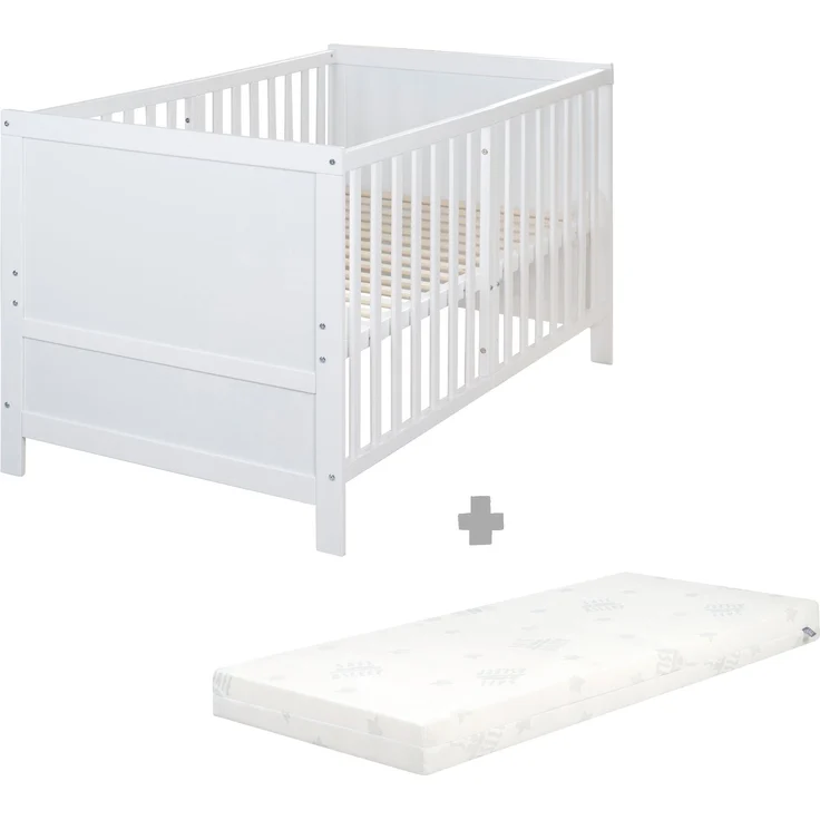 roba Babybett EASY SLEEP 70 x 140 cm inkl. Umbauecken + Matratze safe asleep® Roll Air - Mitwachsendes Gitterbett 3-fach höhenverstellbar - 3 Schlupfsprossen - Holz weiß lackiert – Bild 1