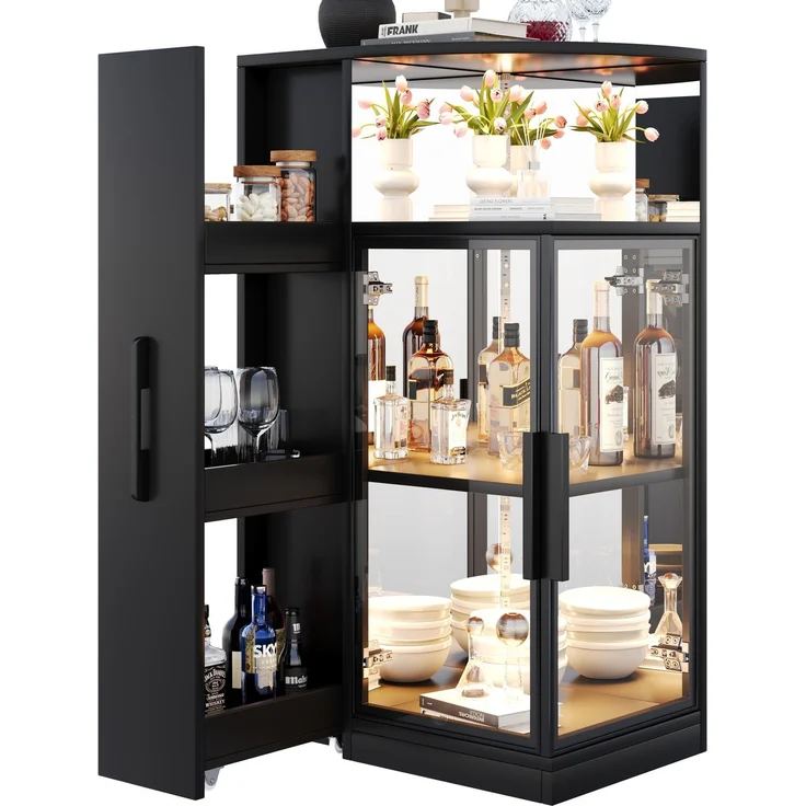 Glasvitrine 64 x 42 x 112 cm in Schwarz mit LED-Beleuchtung und ausziehbarem Seitenschrank – Bild 2