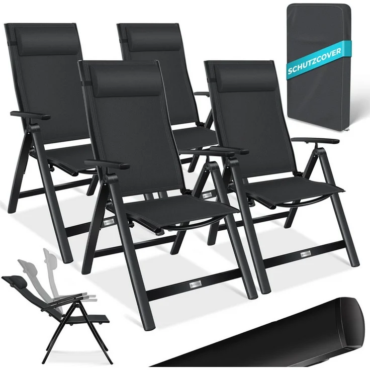 KESSER® Gartenstuhl Hochlehner mit Armlehnen | Aluminium Klappstuhl inkl. Kopfkissen Campingstuhl 7-Fach Verstellbar Rückenlehne | Atmungsaktiv & Wetterfest | Klappbar & Anti-Rutsch Schwarz, 4 Stück – Bild 1